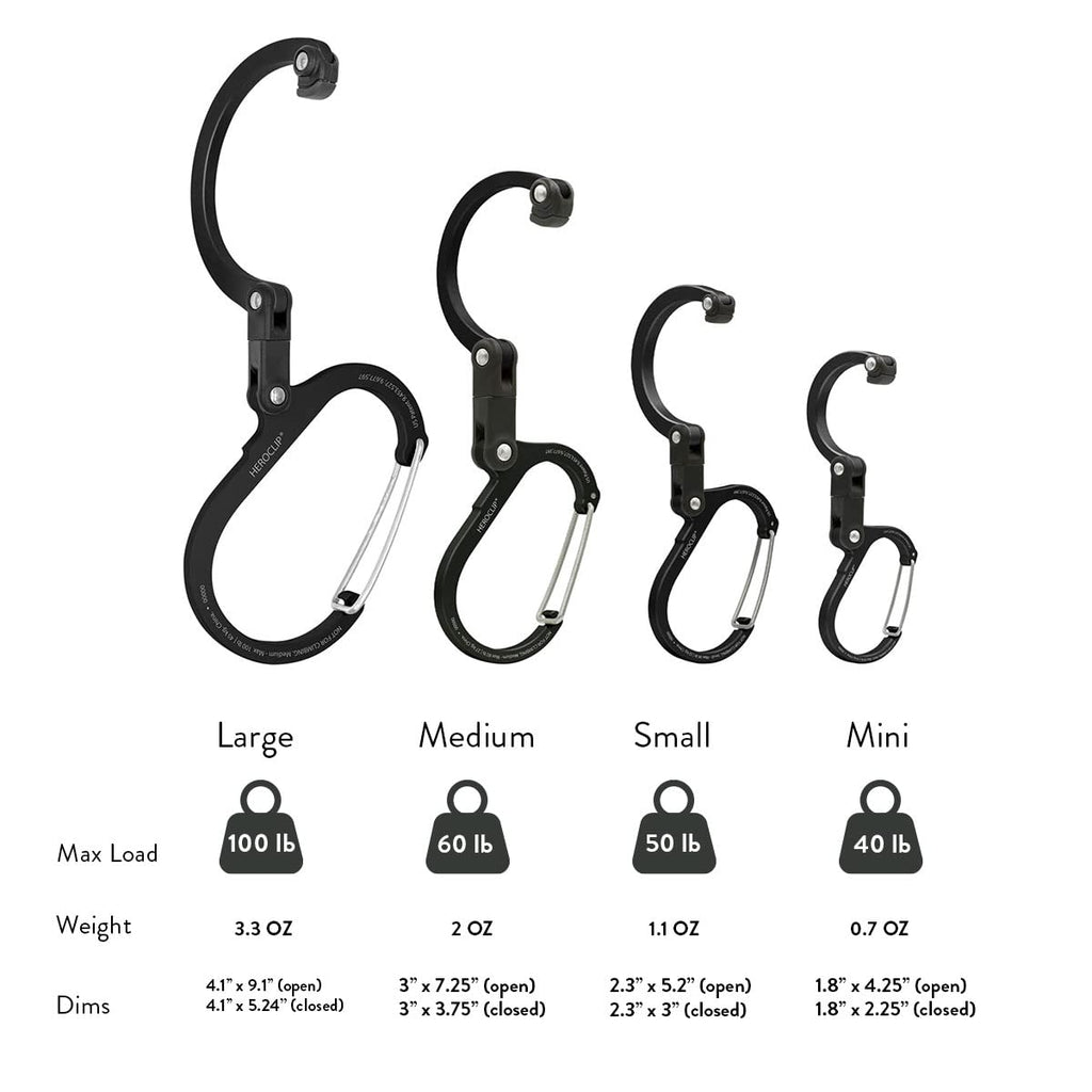 Gear Aid Heroclip Carabiner Gear Clip And Hook (Large, Medium, Small, Mini) For Camping, Backpack, Suitcases, Purse And Garage O
