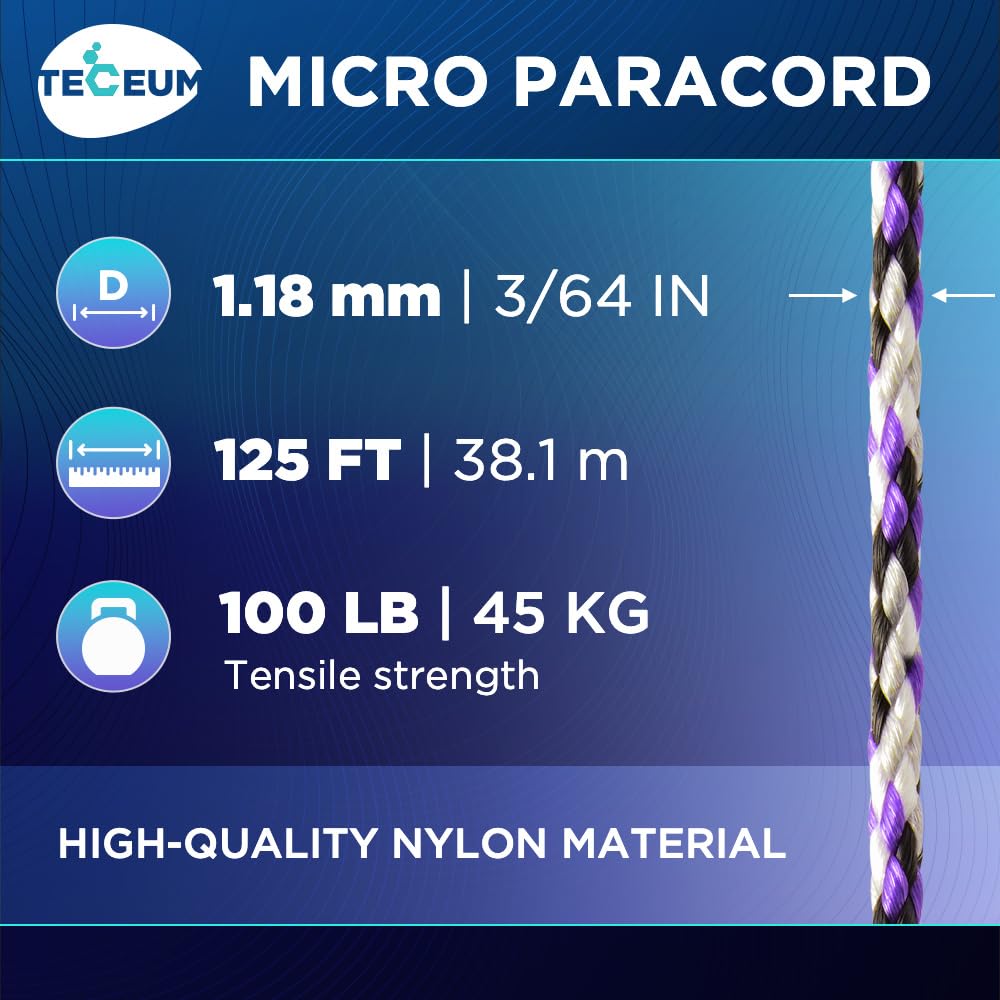 Teceum Micro Paracord - Purple Snake - 1.18 Mm X 125 Ft - Micro Utility Cord - Thin Braided Paracord Rope Nylon Polyester - Wind