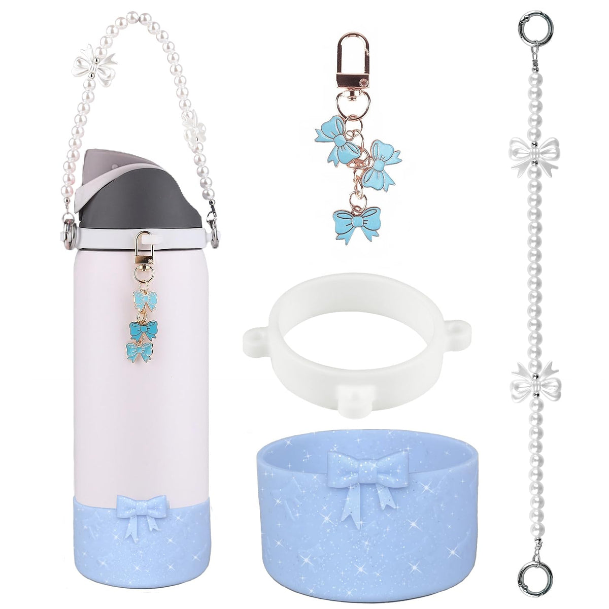 Water Bottle Accessories Set For Owala Freesip 32 Oz Includes Pearl Handle Strap, Bow Charms,3.3Inch Silicone Bling Boot For Ow