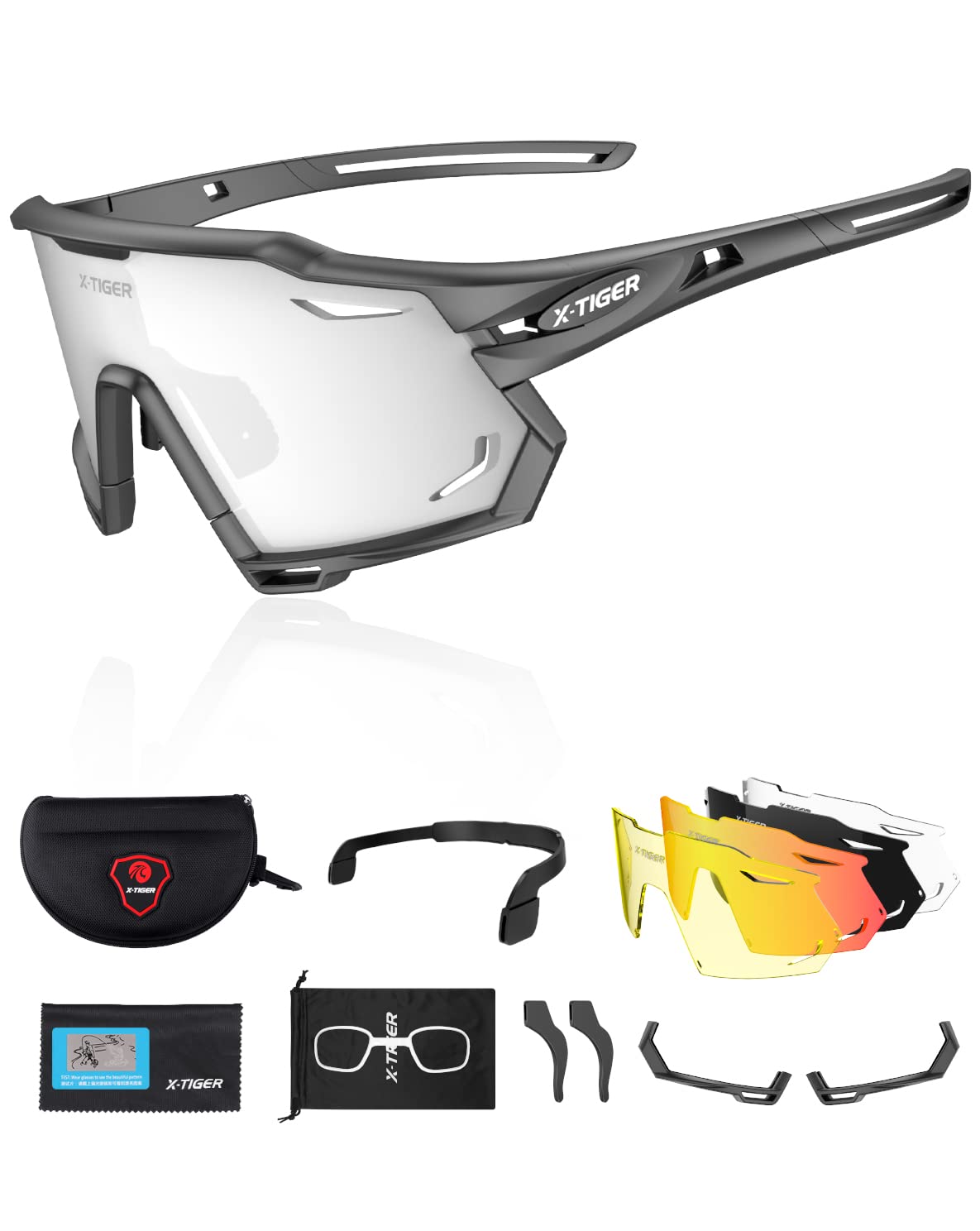 X-Tiger Polarized Cycling Glasses With 5 Interchangeable Lenses,Mtb Biking Baseball Running Sports Sunglasses For Men Women