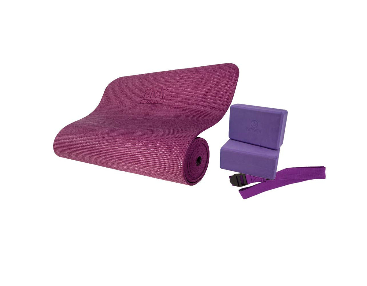 Body Sport Yoga Kit 1, 6Foot Yoga Strap, 72Inch Long X 1/4Inch Thick Yoga Mat, Yoga Blocks, Purple