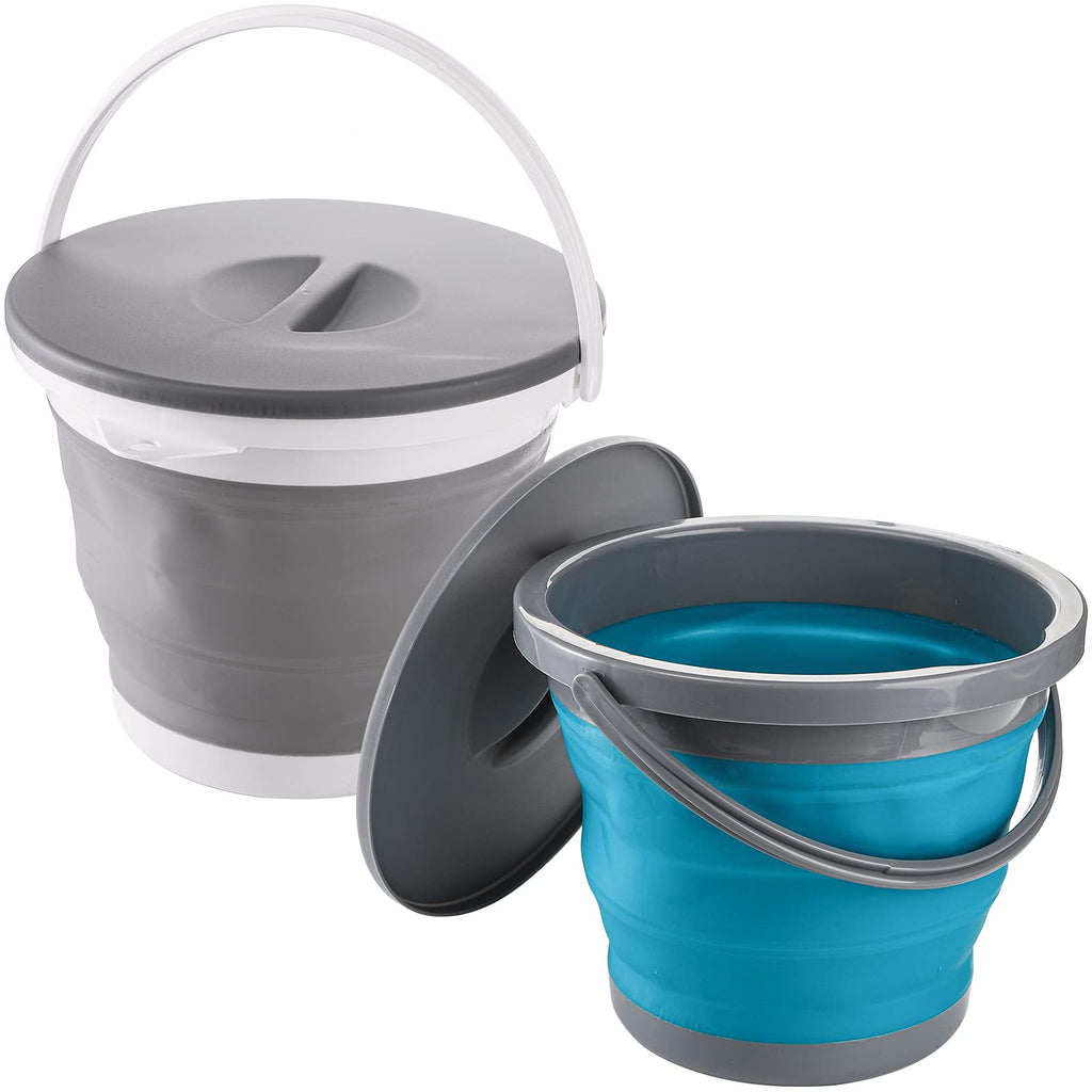 Bekith 2 Pack Collapsible Plastic Bucket With Locking Lid, 5L / 1.32 Gallon Foldable Round Tub Portable Fishing Water Pail For H