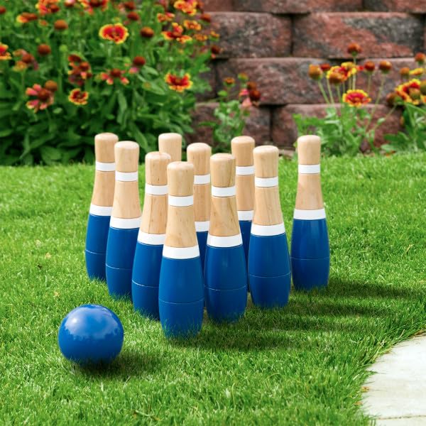 Backyard Lawn Bowling Game - Indoor And Outdoor Family Fun For Kids And Adults - 10 Wooden Pins, 2 Balls, And Mesh Carrying Bag