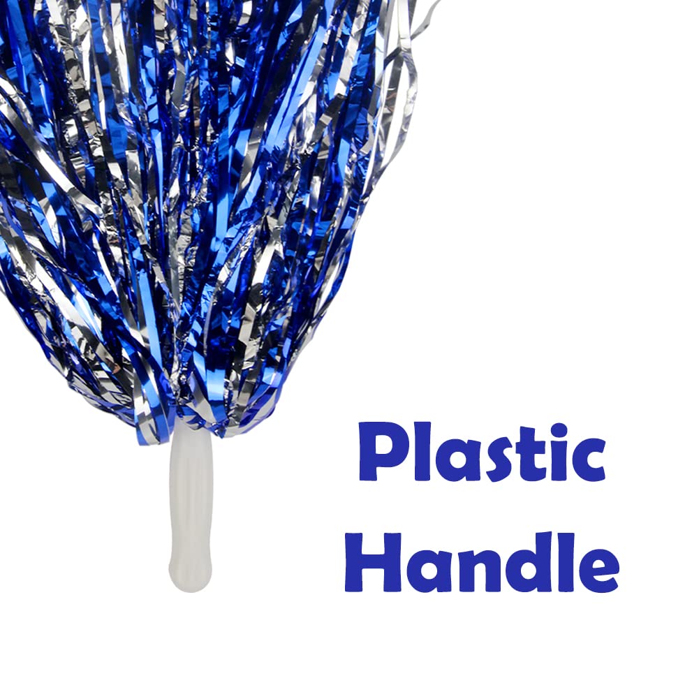 Hooshing 12Pcs Pom Poms Cheerleading Blue And Silver Metallic Foil Cheer Pom Poms With Plastic Handles For Rooters Cheering Squa