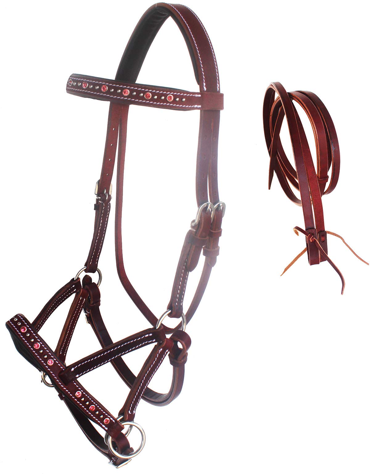 Challenger Horse Western Leather Beaded Bitless Sidepull Bridle Reins 77Rs05Pk-F