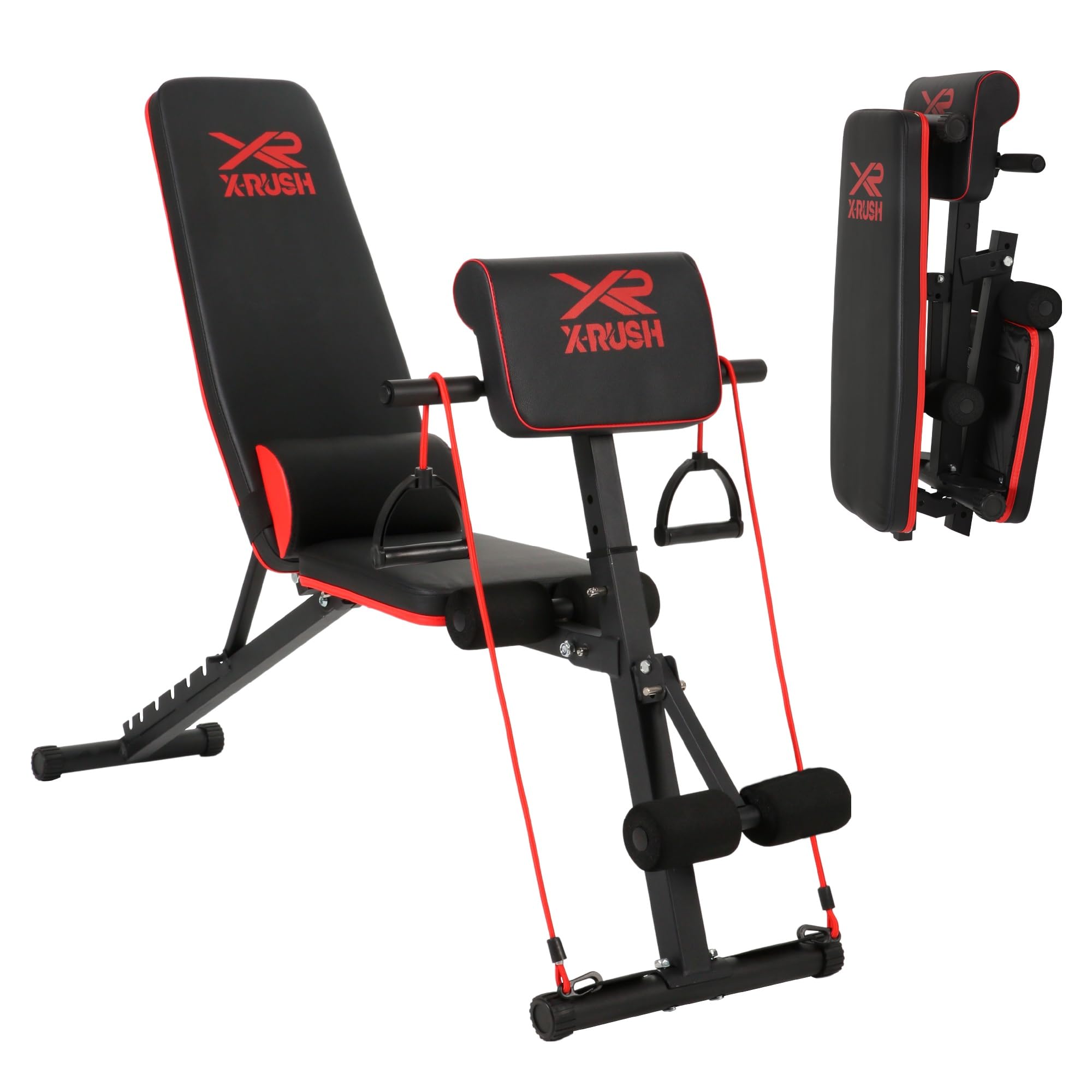 X-RUSH Multi-functional folding weight bench, adjustable weight bench, with 7 positions backrest adjustment and 2 training strap
