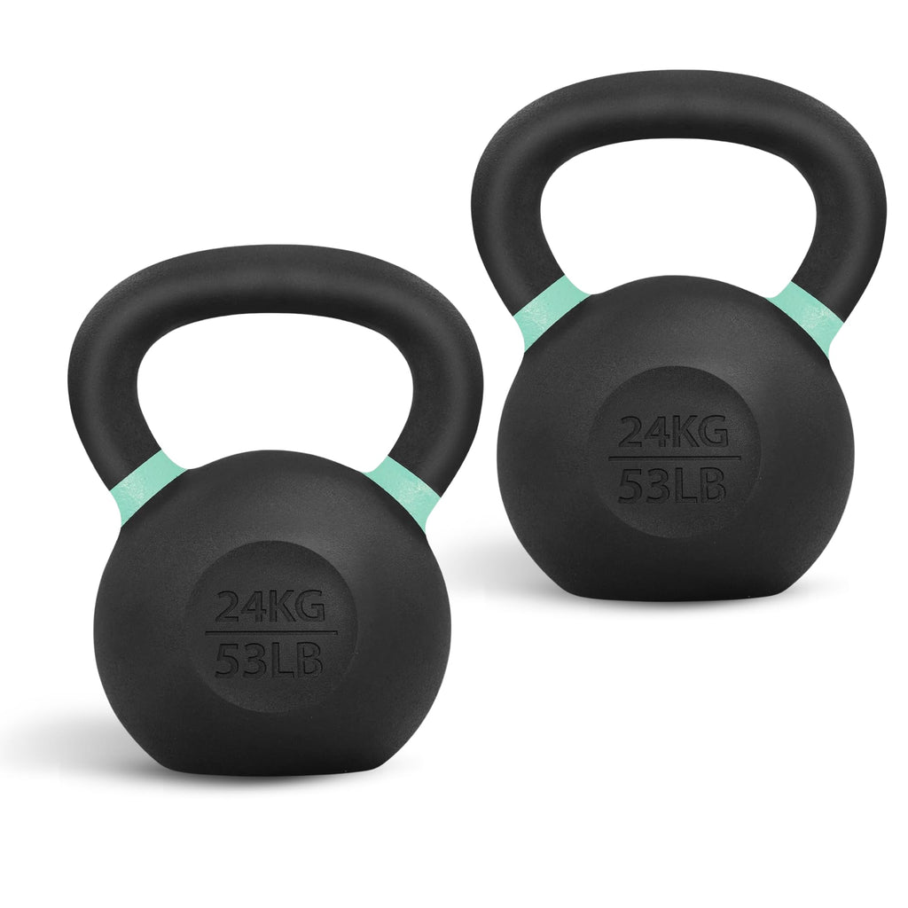 Yes4All Powder Coated Cast Iron Kettlebell Pair Light Green - 24 Kg / 53 Lb Strength Training Kettlebells Weight Set For Full Bo