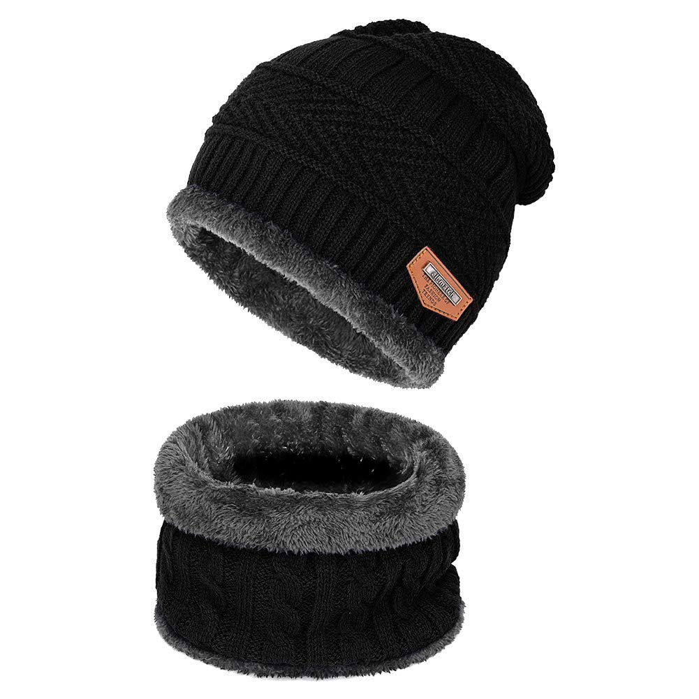 SD SHADOW DOMAIN Beanie Hat Scarf Set Winter Warm Knit Hat Thick Skull Cap for Men and Women (01 Black, Beanie Hat)