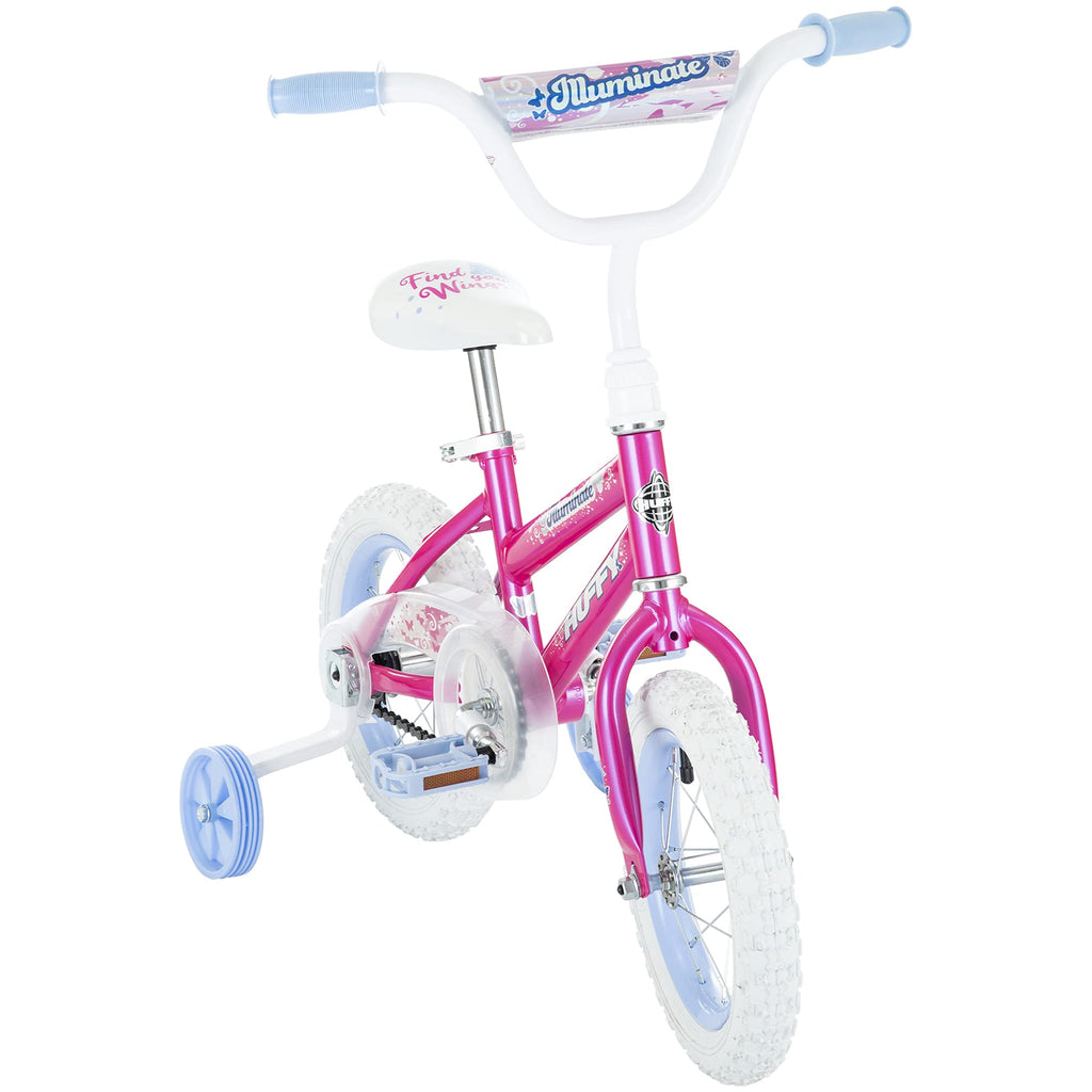 Huffy Illuminate 12    Girls Bike With Removable Training Wheels, Sweet Pink Frame With Butterfly Graphics, Chain Guard, White T
