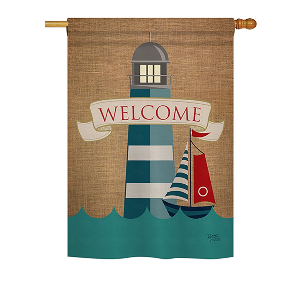 Breeze Decor 07046 Beach & Nautical Lighthouse & Sailboat 2-Sided Vertical Impression House Flag - 28 X 40 In.