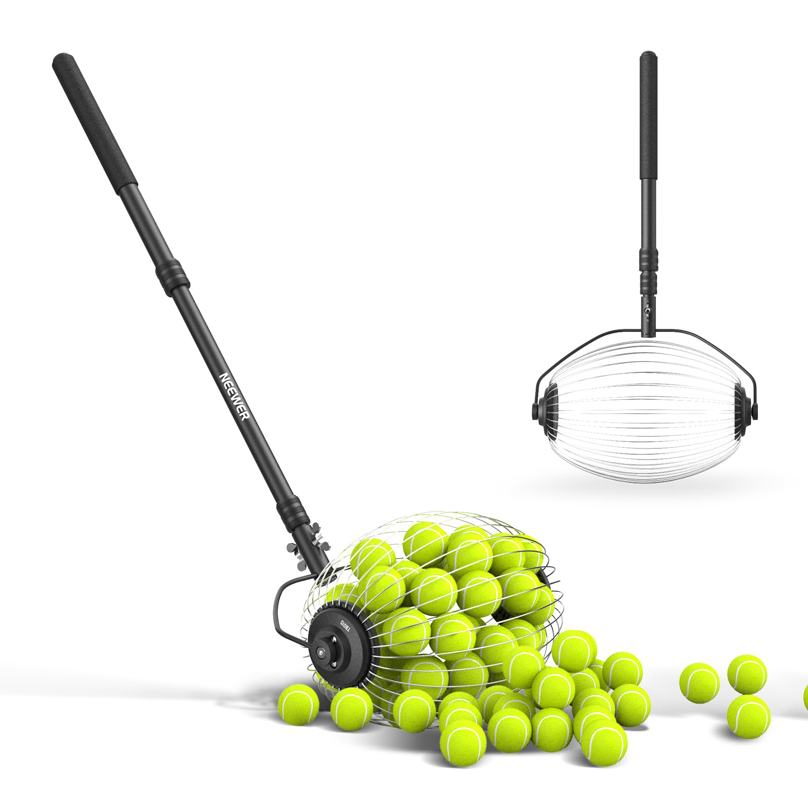 NEEWER Tennis Ball Pickleball Collector Roller, 30-58 Telescopic Golf Ball Retriever No Bending Over Quick Rolling Hopper Picker