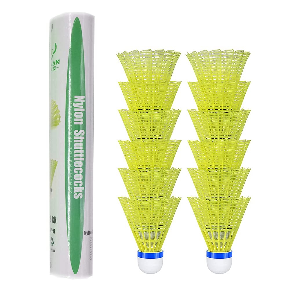 Zhenan 12-Pack Advanced Nylon Feather Shuttlecocks,77 Grains-High Speed Badminton Balls (Yellow,Nylon) With Great Stability And