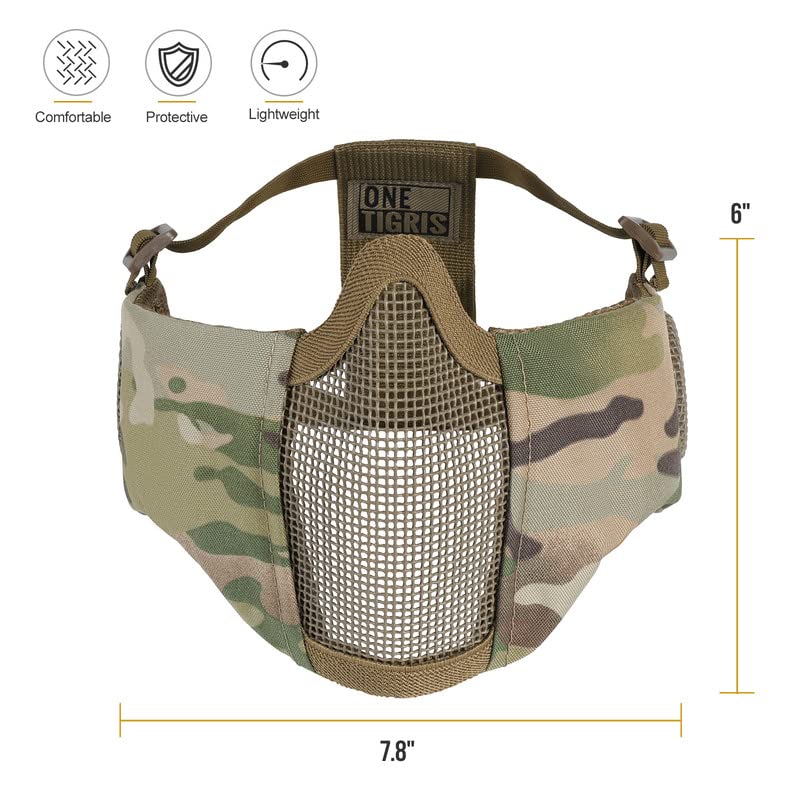 Onetigris 6'' Foldable Half Face Mesh Mask With Ear Protection, Tactical Lower Face Protective Mask (Camo Color)
