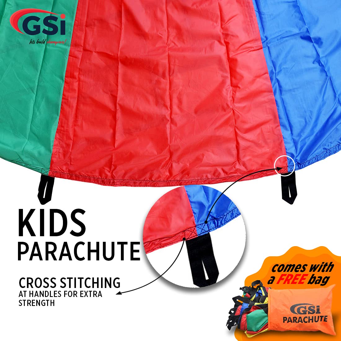 Gsi Kids Play Parachute Toy 24 Feet With Handles And Carry Bag For Cooperative Play And For Upper-Body Strength  Multi-Colored