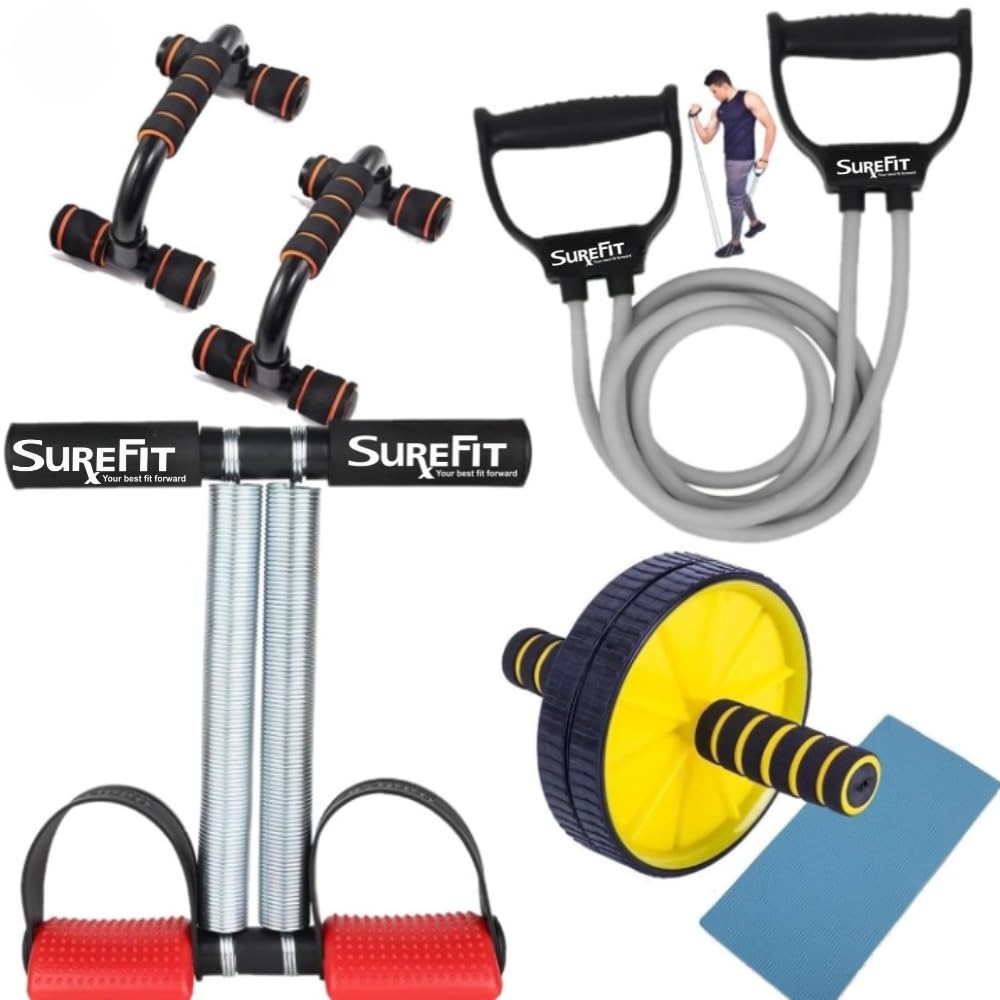 SUREFIT 4in1 Home Gym Combo | Double Spring Tummy Trimmer, Resistance Toning Tube, Ab Roller & PushUp Bar | Full Body Fitness