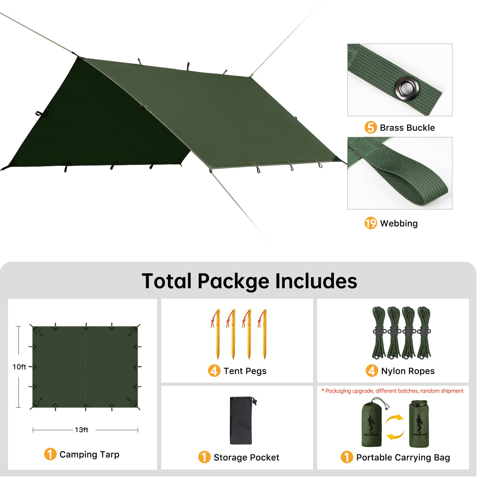 Free Soldier Camping Tarp Waterproof Portable Multifunctional Outdoor Camping Traveling Awning Backpacking Shelter Rain Tarp (Da