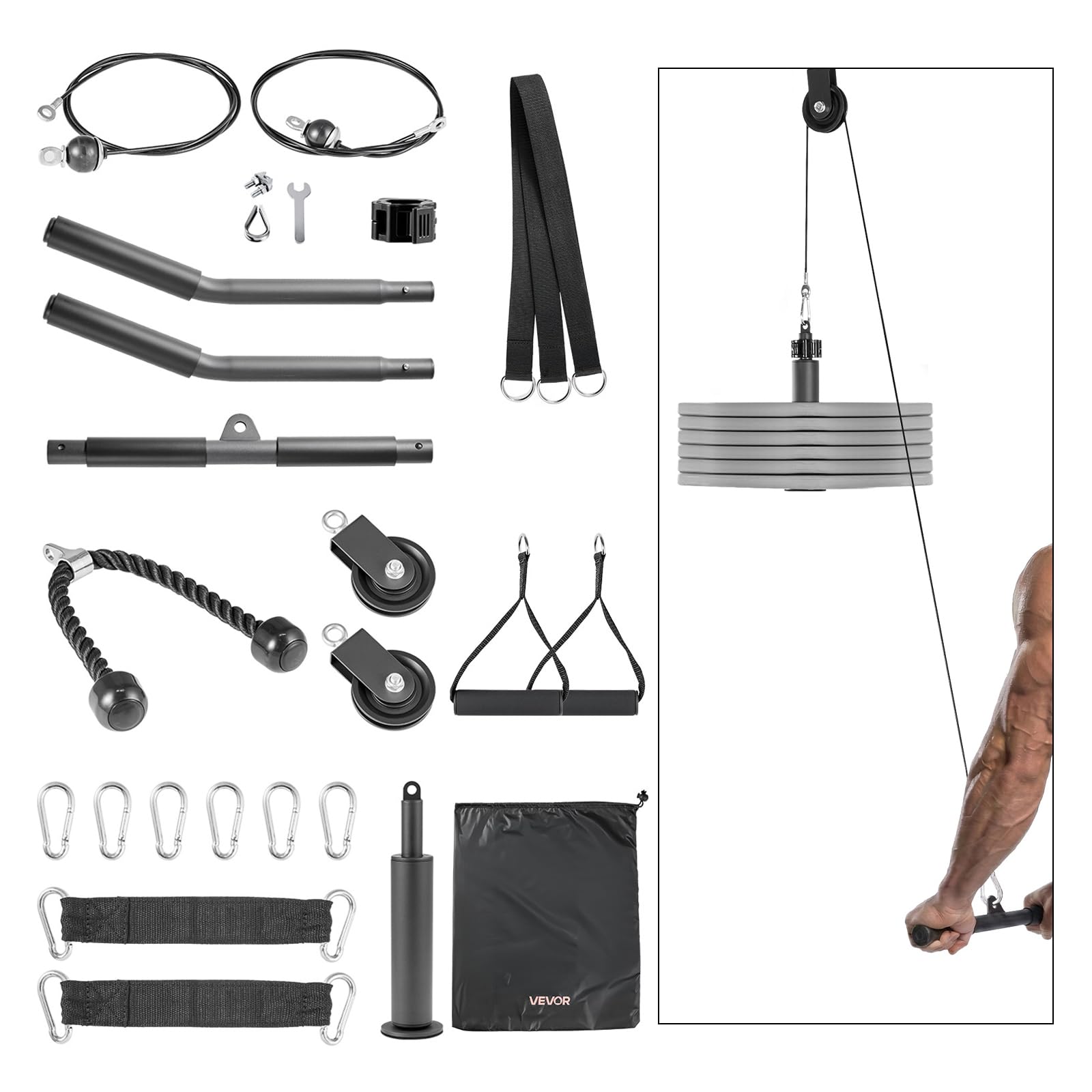 VEVOR Pulley System, 2 PCS LAT and Lift Pulley System, Gym Rack Pulleys Attachment with Two Steel Cables, Short Bar, Dual Grip H