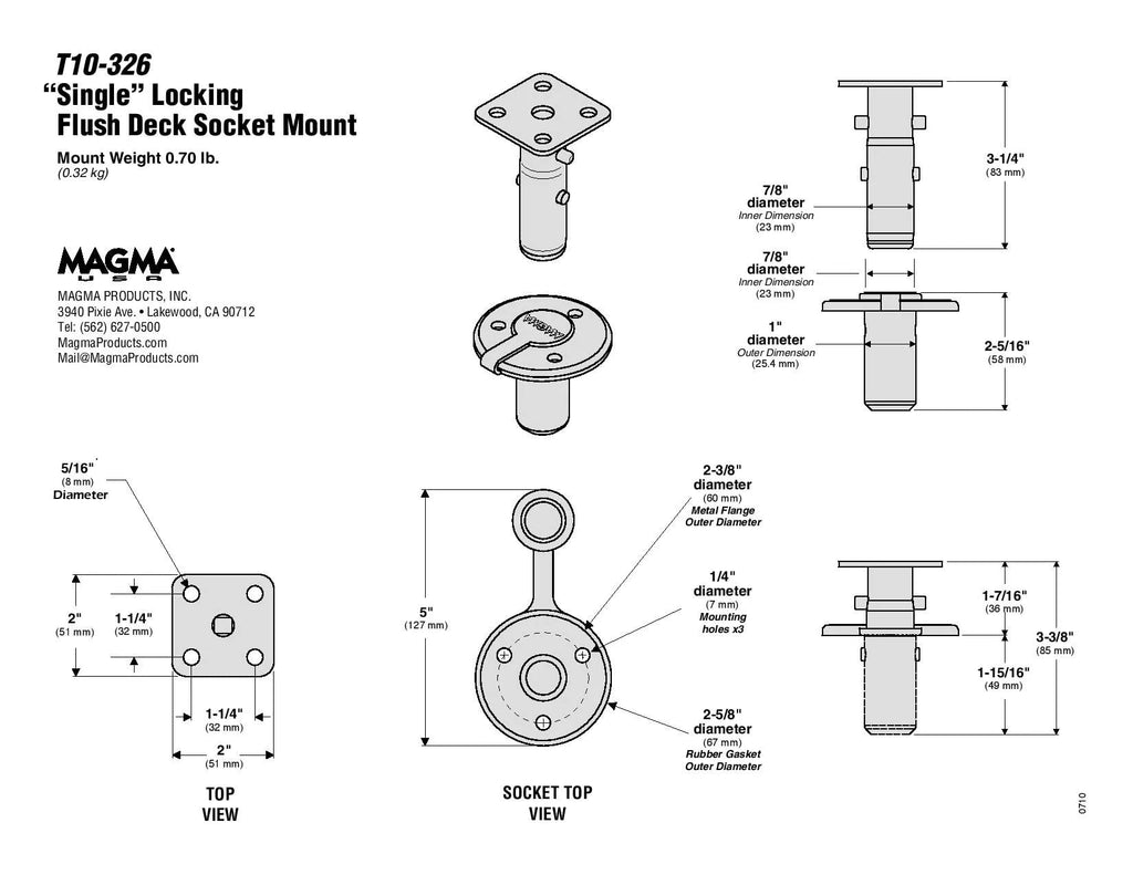 Magma Products, T10-326 Single Locking Flush Deck Socket Mount, Multi, One Size