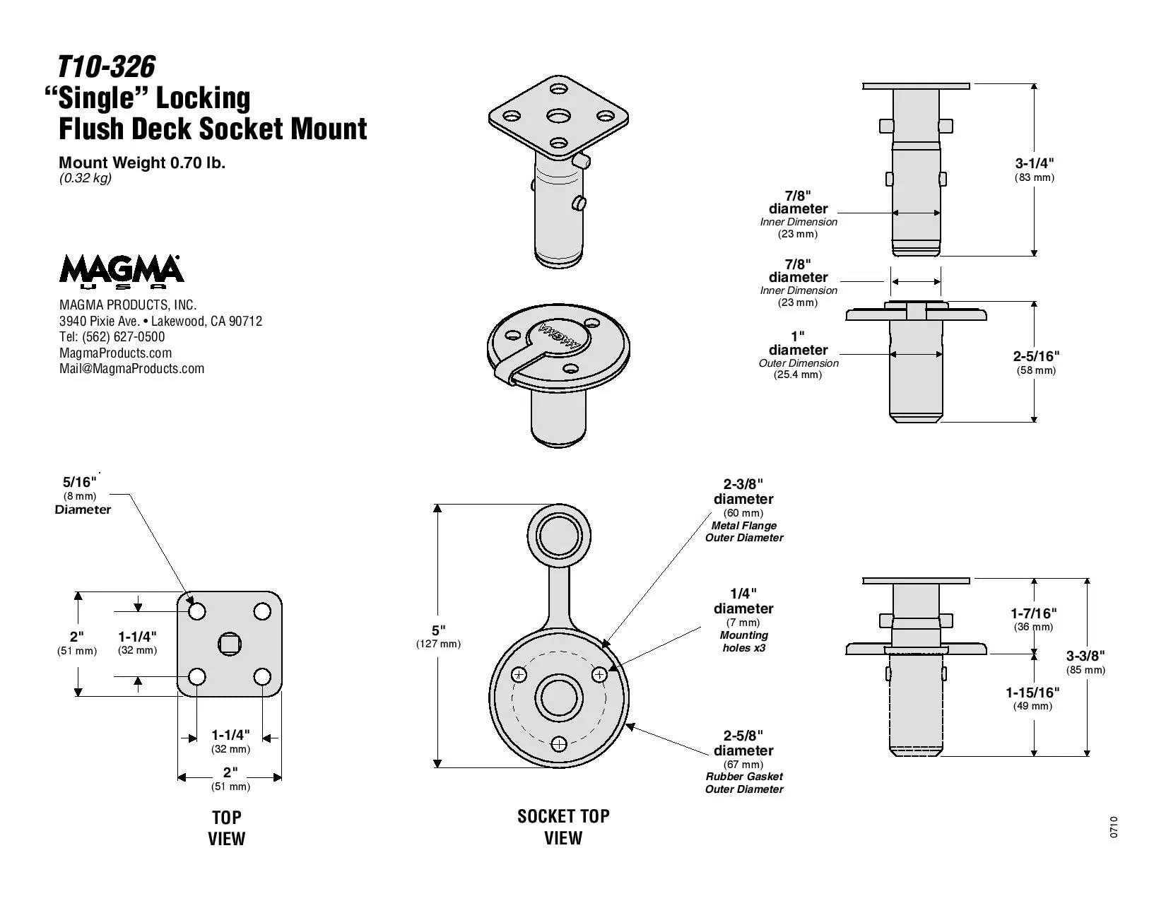 Magma Products, T10-326 Single Locking Flush Deck Socket Mount, Multi, One Size