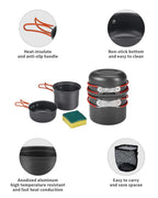 Bulin Camping Cookware Mess Kit, Nonstick Backpacking Cooking Set, Outdoor Cook Gear For Family Hiking, Picnic, Black, 3Pc