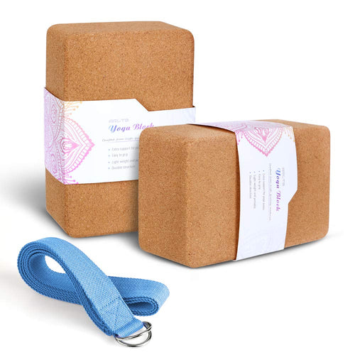 ARLTB Cork Yoga Blocks 2 Pack with Yoga Strap Set 9x6x4