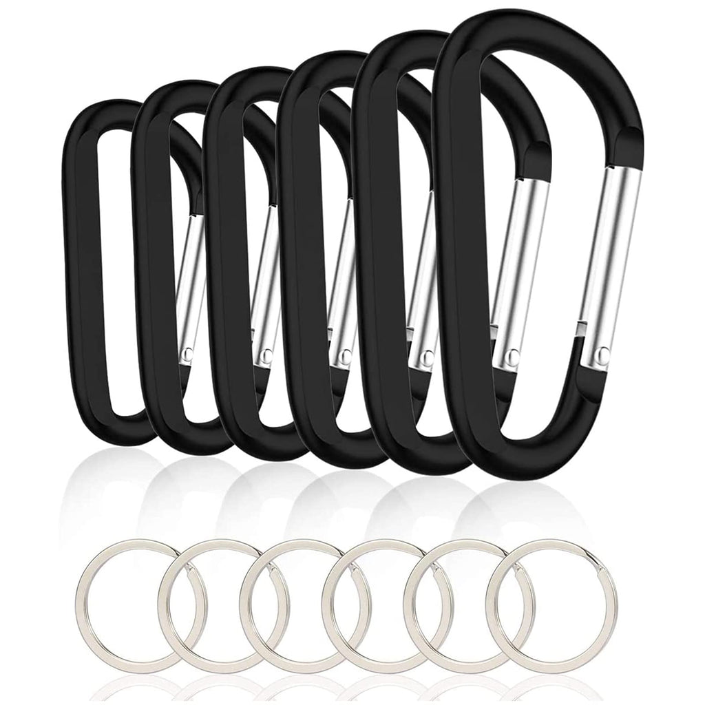 6Pcs Black Carabiner Caribeaner Clip,3'' Large Aluminum D Ring Shape Carabeaner With 6Pcs Keyring Keychain Hook