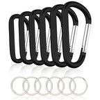 6Pcs Black Carabiner Caribeaner Clip,3'' Large Aluminum D Ring Shape Carabeaner With 6Pcs Keyring Keychain Hook