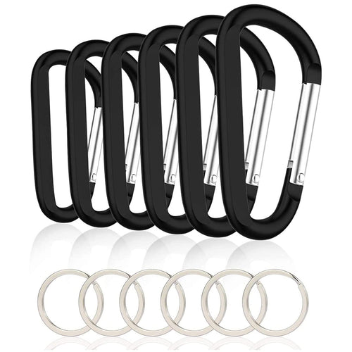 6Pcs Black Carabiner Caribeaner Clip,3'' Large Aluminum D Ring Shape Carabeaner With 6Pcs Keyring Keychain Hook