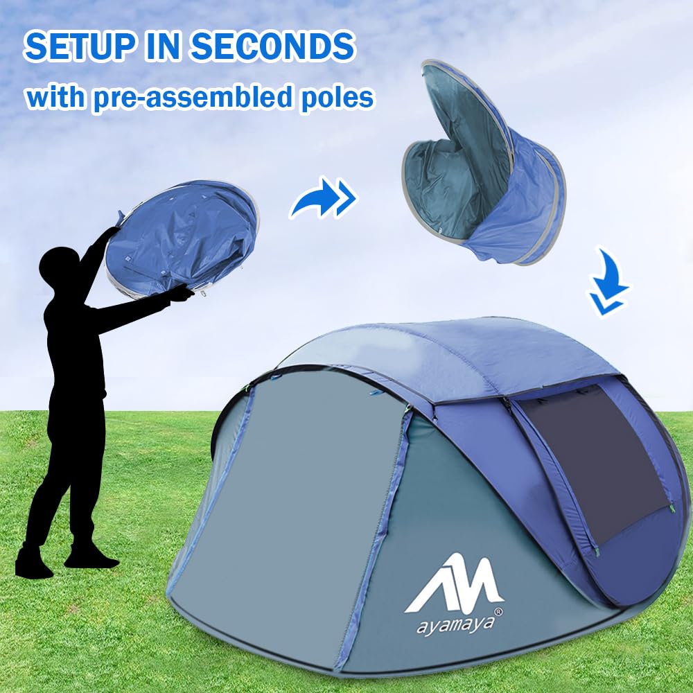 4 Person Pop Up Tents For Camping - Ayamaya Waterproof Instant Family Tents With Skylight & Removable Rainfly, Upgraded Large Si