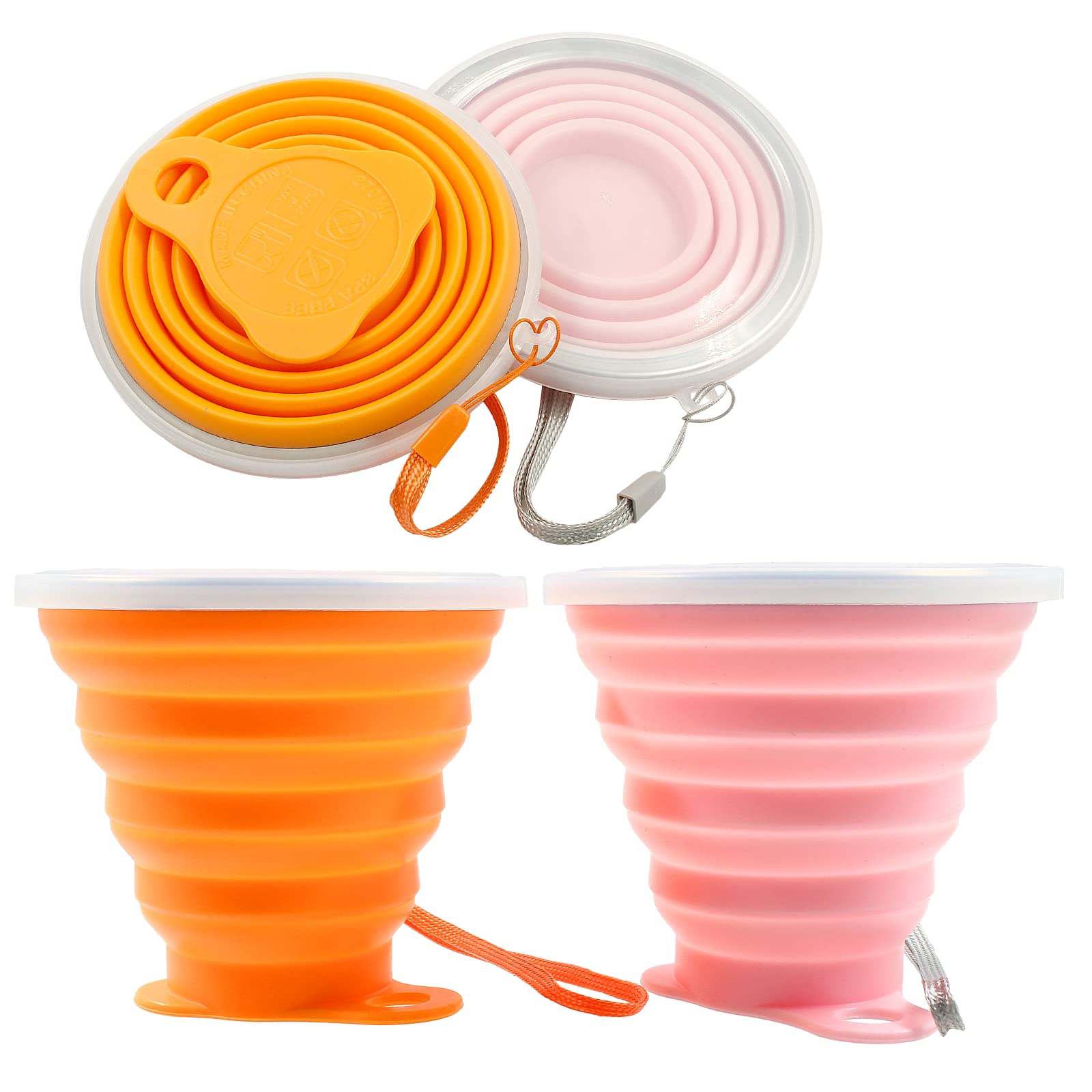 Litoexpe 2 Pack Silicone Collapsible Travel Cup Portable Folding Camping Cup Sets With Lids, Pink & Orange