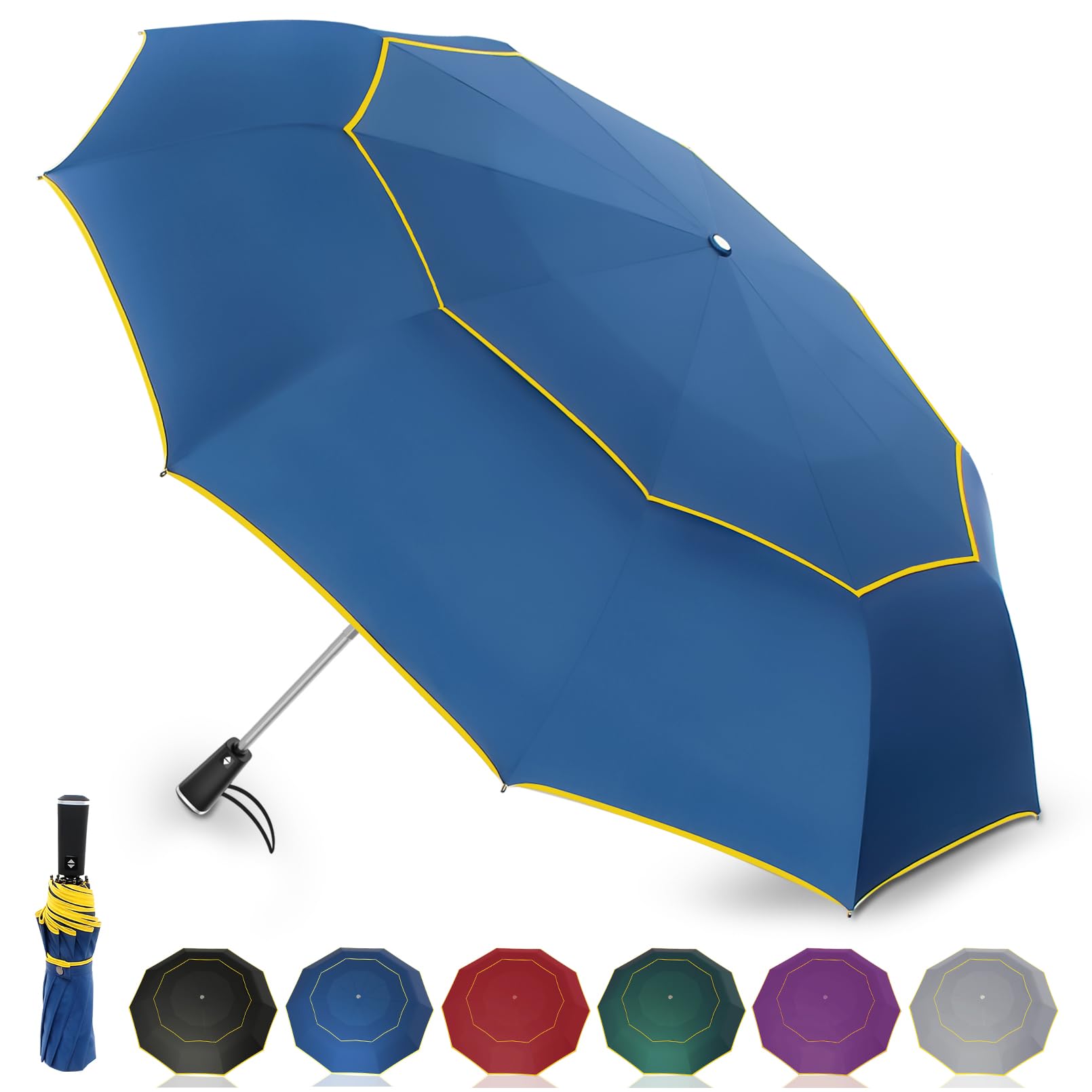 Satol Extra Large Golf Umbrella - 54 Inch Windproof 10 Ribs Vented Double Canopy Reflective Strips Automatic Open/Close UV Prote