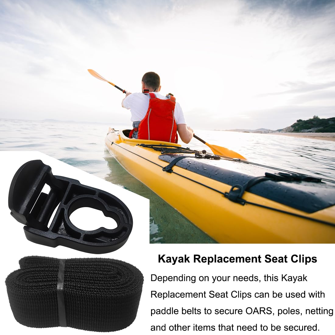 Kayak Seat Repair Kit (Clips+Hooks+Straps) Replacement Including Nylon Webbing Straps-65Inch, Compatible With Ocean Kayak, Lifet