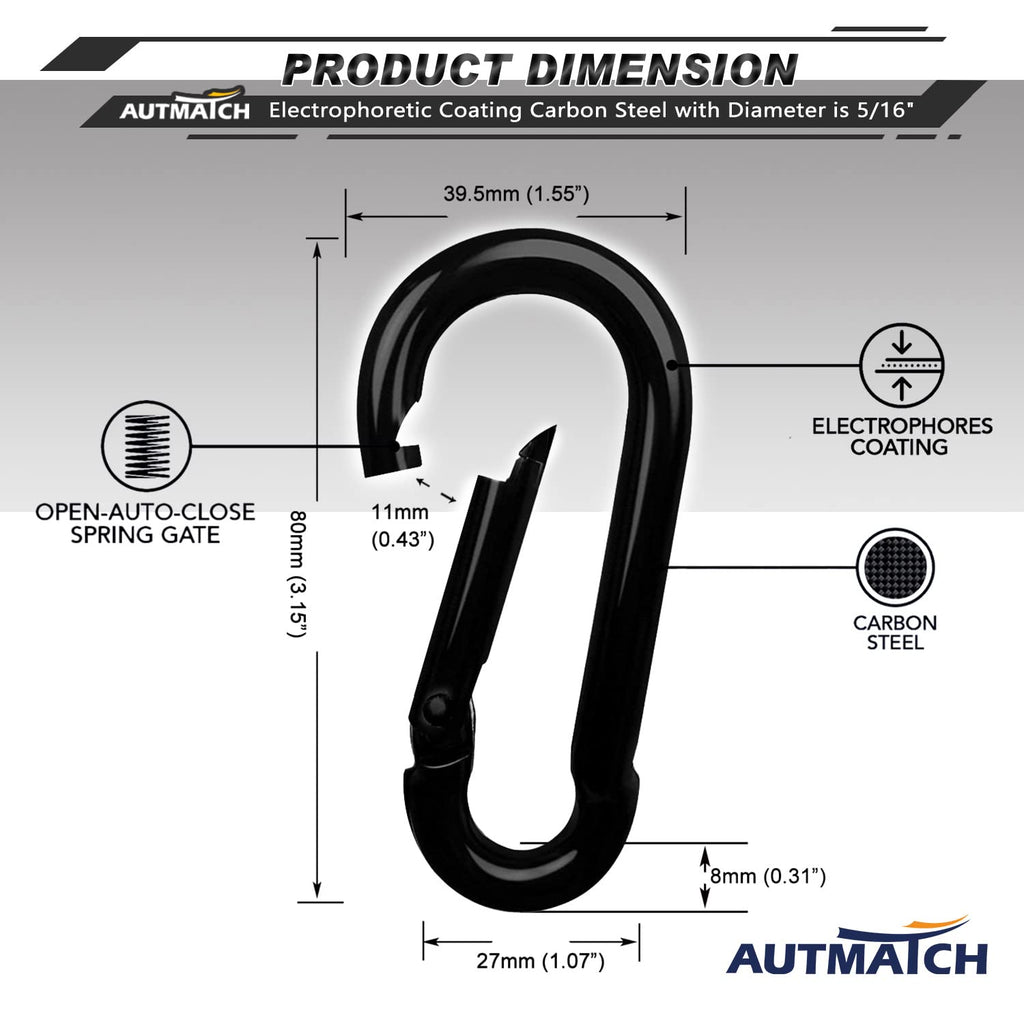 Autmatch Carabiner Clips, 3'' Stainless Steel Spring Snap Hook Caribeener Clips Buckle Pack Grade Heavy Duty Carabiners Quick Li