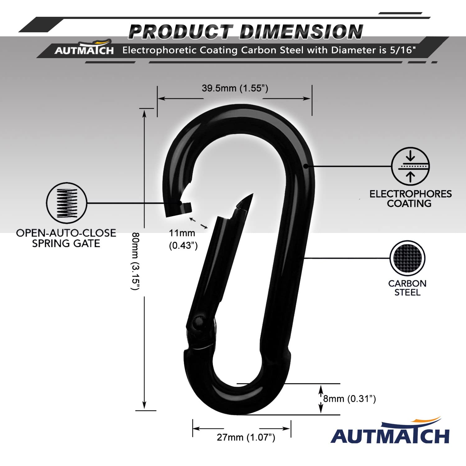 Autmatch Carabiner Clips, 3'' Carbon Steel Spring Snap Hook Caribeener Clips Buckle Pack Grade Heavy Duty Carabiners Quick Link