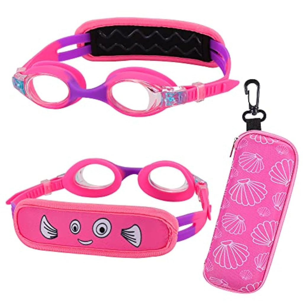 RUIGAO Kids Swim Goggles Age 2-6, Toddler Goggles No Hair Pull,UV Protection/Anti Fog/Padded HeadBand (1PK Kids -Pink Fish)