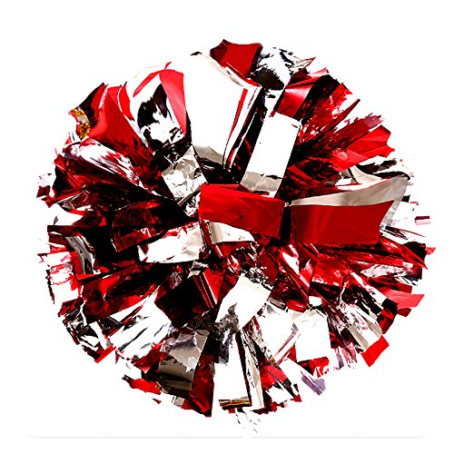 Puzine Pack Of 2 Cheerleading Metallic Foil & Plastic Ring Pom Poms Cheerleading Poms (Red And Silver)