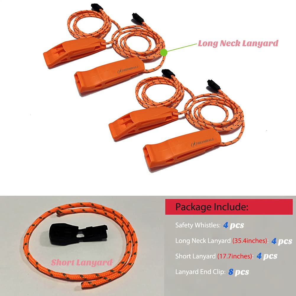 Heimdall Emergency Whistle With Lanyard For Safety Boating Camping Hiking Hunting Survival Rescue Signaling (Orange-4 Pack)