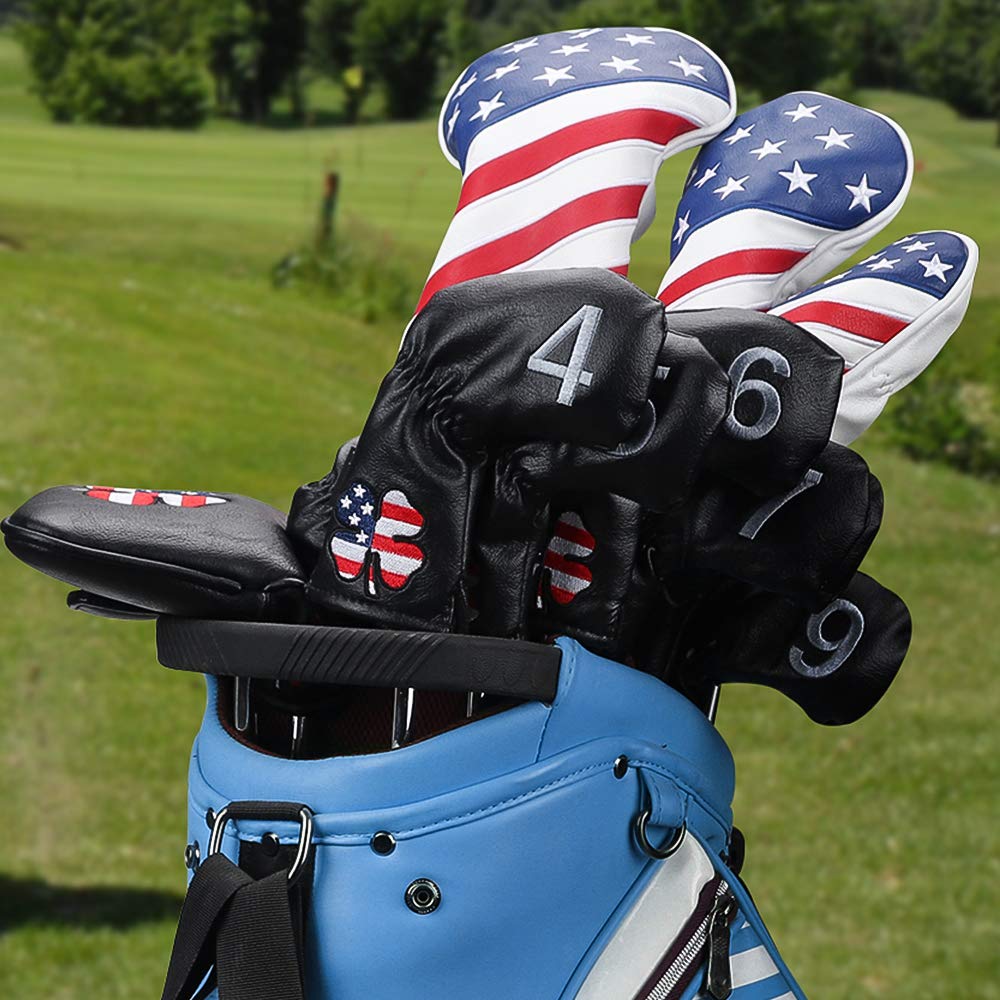 Craftsman Golf Left Handed Golfer 11Pcs /Set Usa Us Flag Clover Leather Black White Green Iron Covers Headcover Set (Black For L