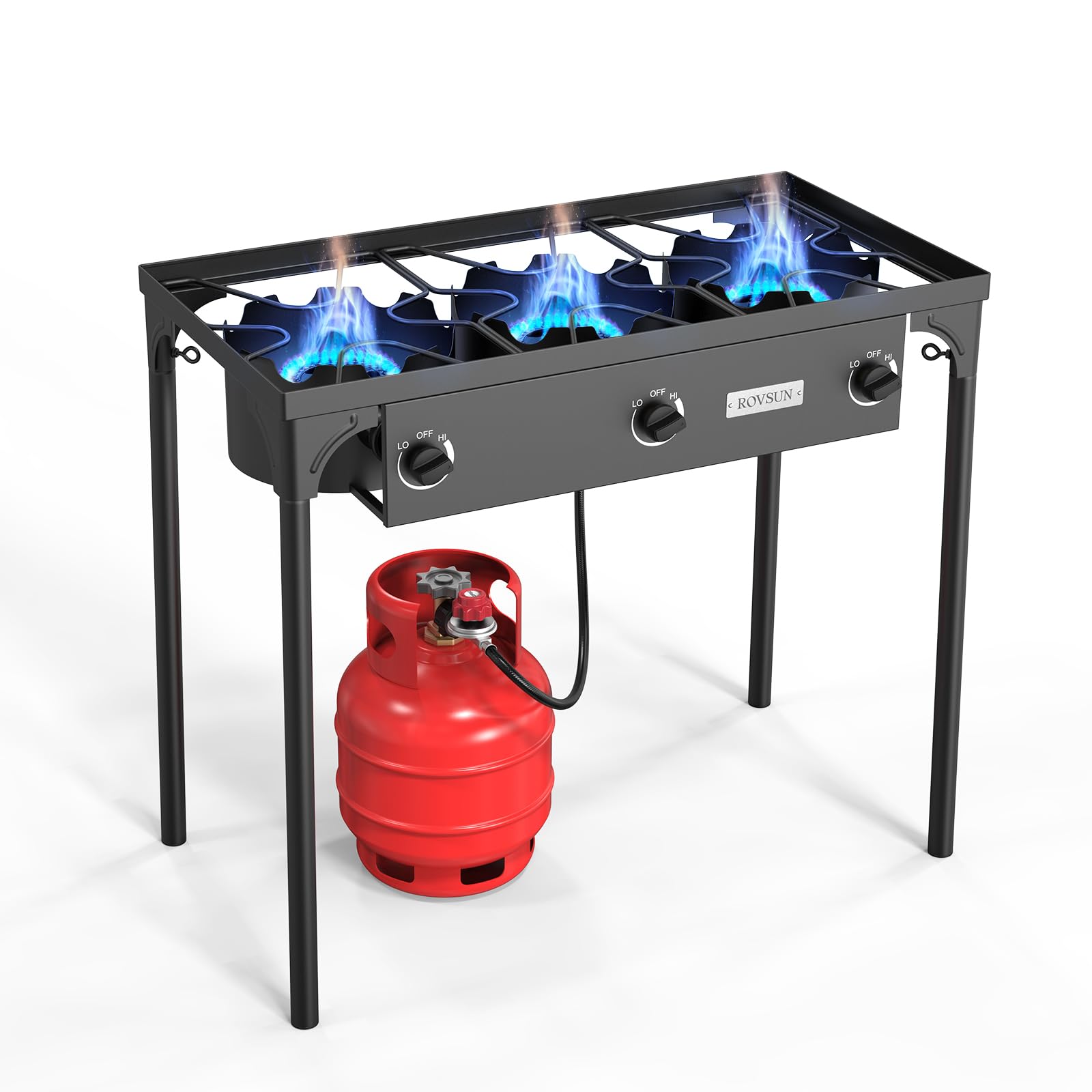 Rovsun 3 Burner Propane Gas Stove, 225,000 Btu High Pressure Outdoor Camping Burner With Csa Listed Regulator, Picnic Cooker Per