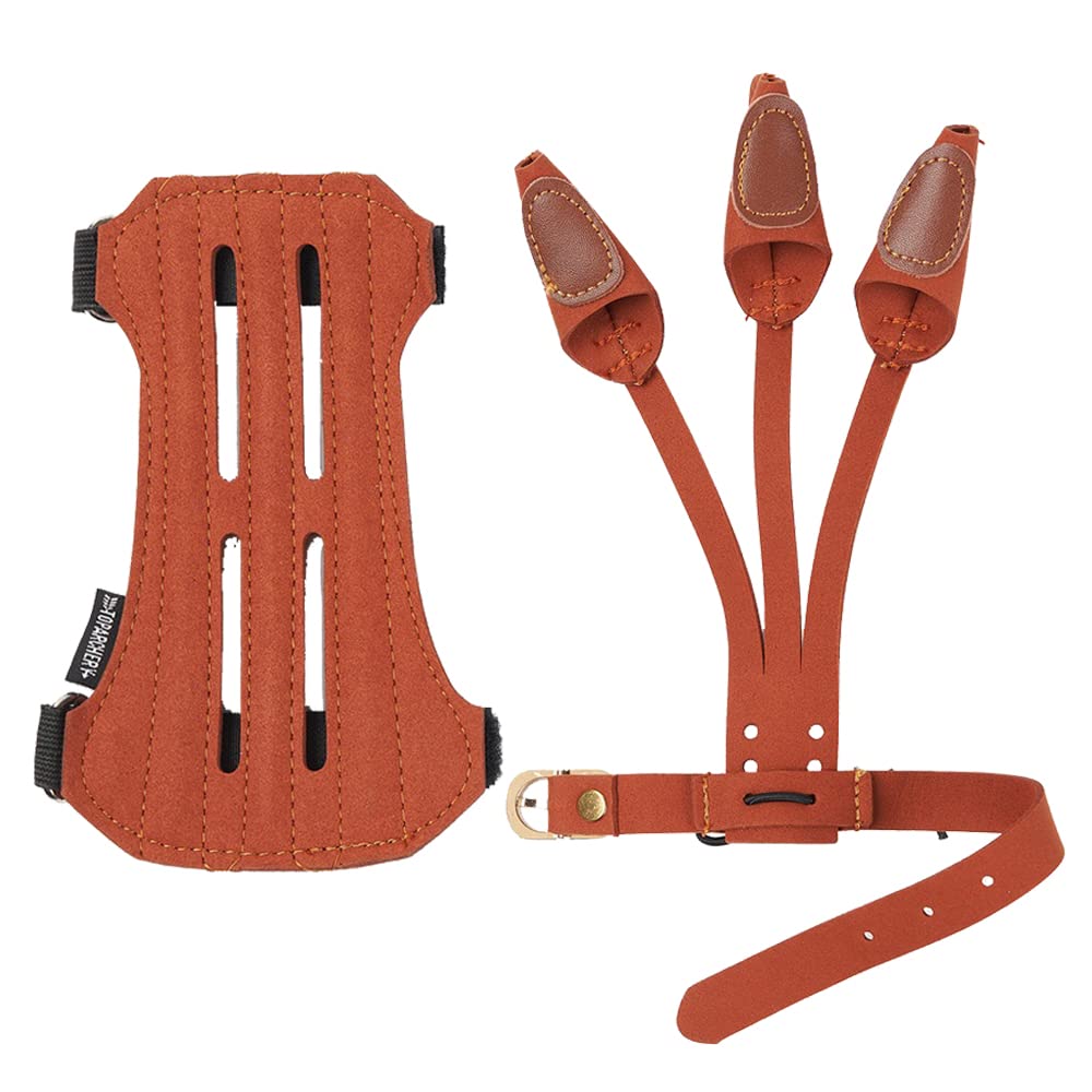 Toparchery Archery 2 Straps Arm Guard & 3 Finger Protective Gloves For Recurve Compound Long Bow Hunting Shooting Brown