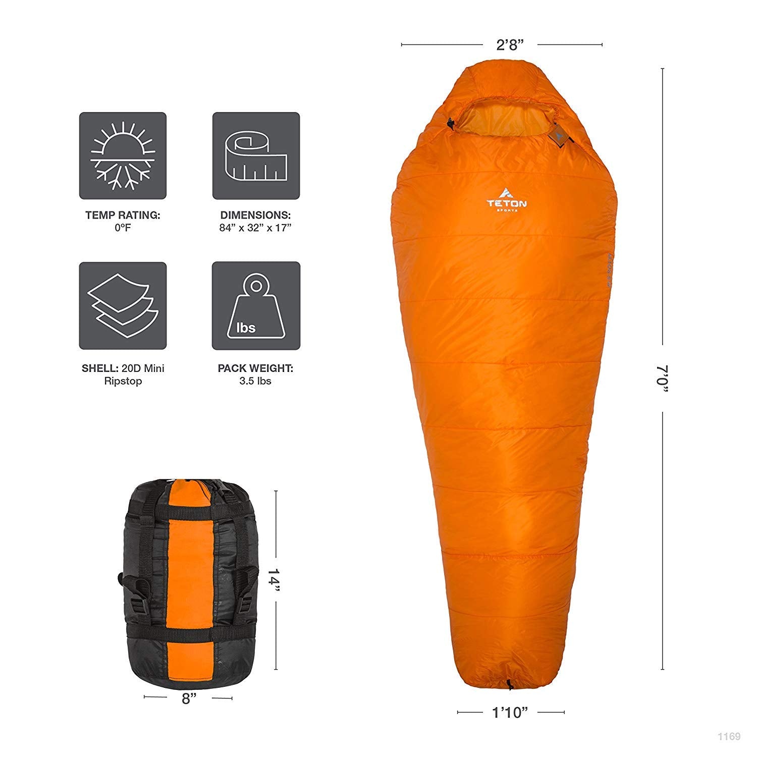 Teton Sports Altos-S 0F Ultralight Mummy Sleeping Bag For Camping, Hiking, Backpacking (Orange), 84 X 32 X 3''