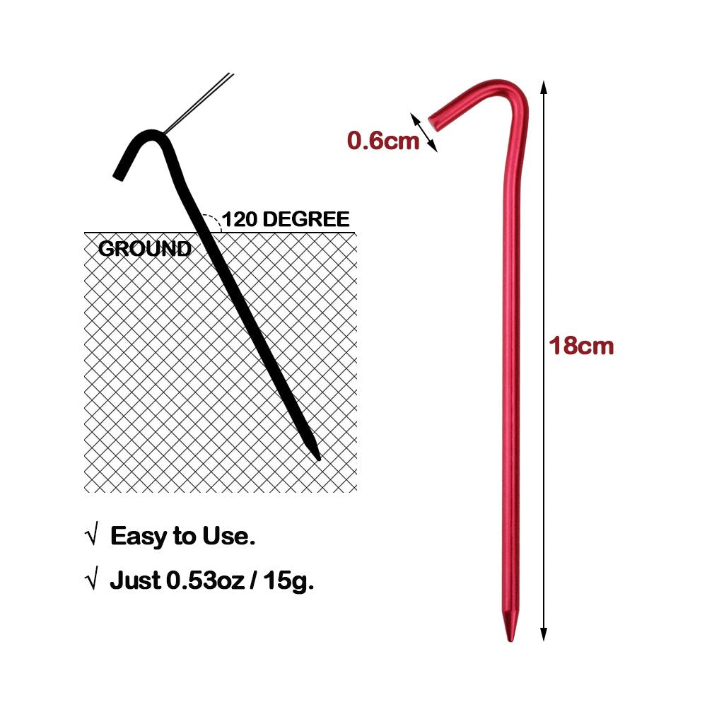 Hikemax 7075 Aluminum Tent Stakes 10 Pack - Ultralight 7 Inch Hook Tent Pegs With Carrying Pouch - Made For Camping Trip, Hiking