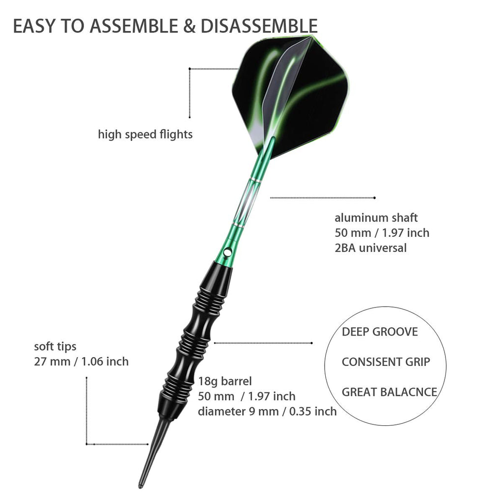 Sanfeng Professional Soft Tip Darts Set 20 Grams W/ 50 O-Rings- 30 Darts Plastic Tip + Green Aluminum Shafts + 6 Standard Flight