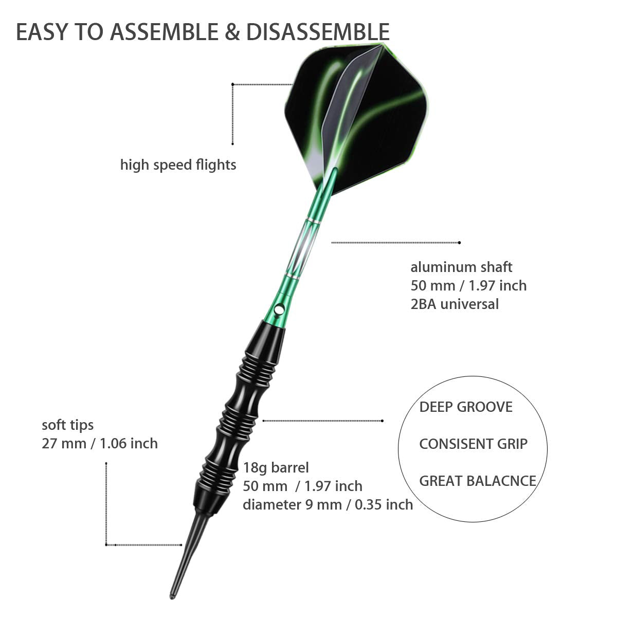 Sanfeng Professional Soft Tip Darts Set 20 Grams W/ 50 O-Rings- 30 Darts Plastic Tip + Green Aluminum Shafts + 6 Standard Flight