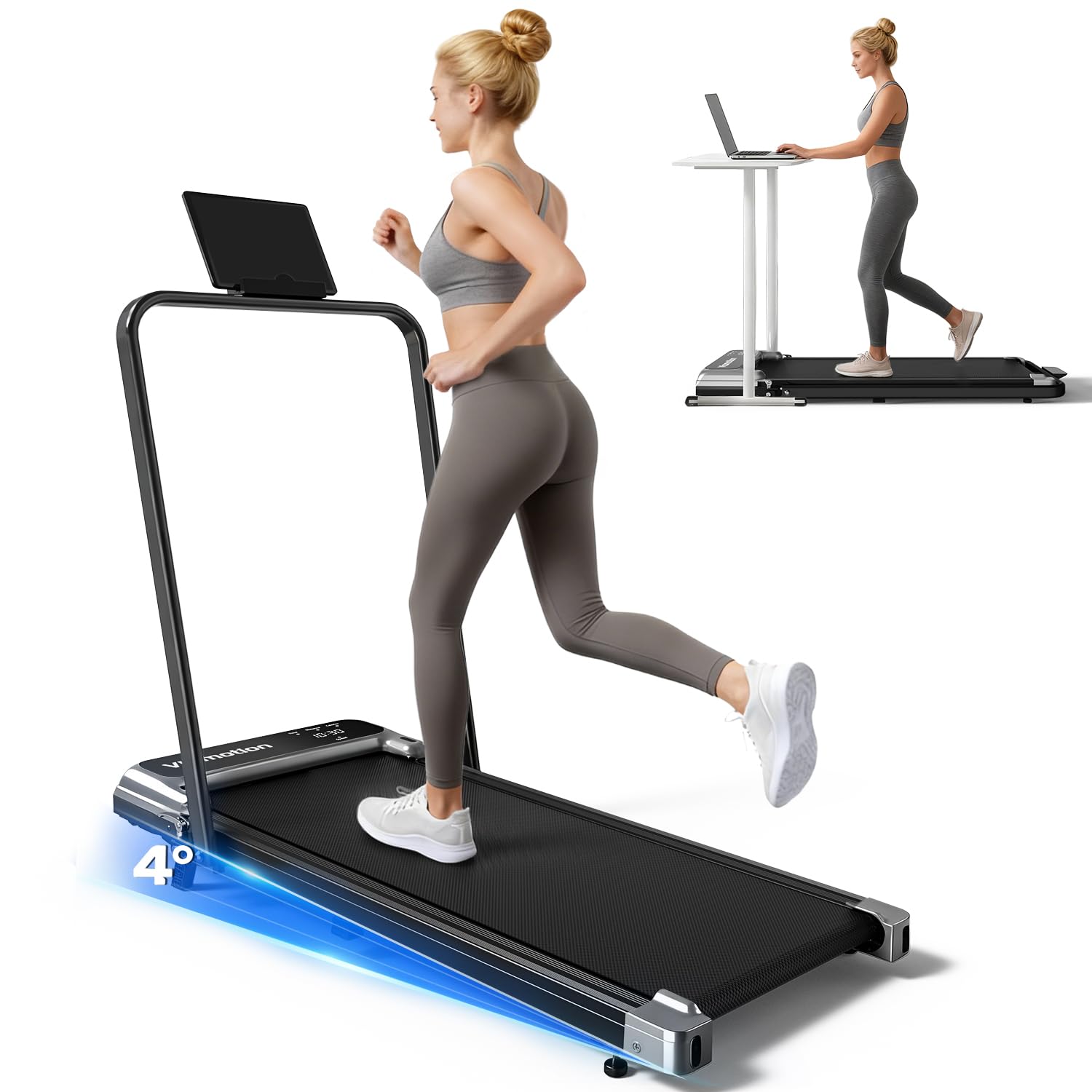 Walking Pad Treadmill with Handle Bar and Adjustable Incline, Compact Portable Treadmills for Home Office, 2.5HP Quiet Anti-Slip