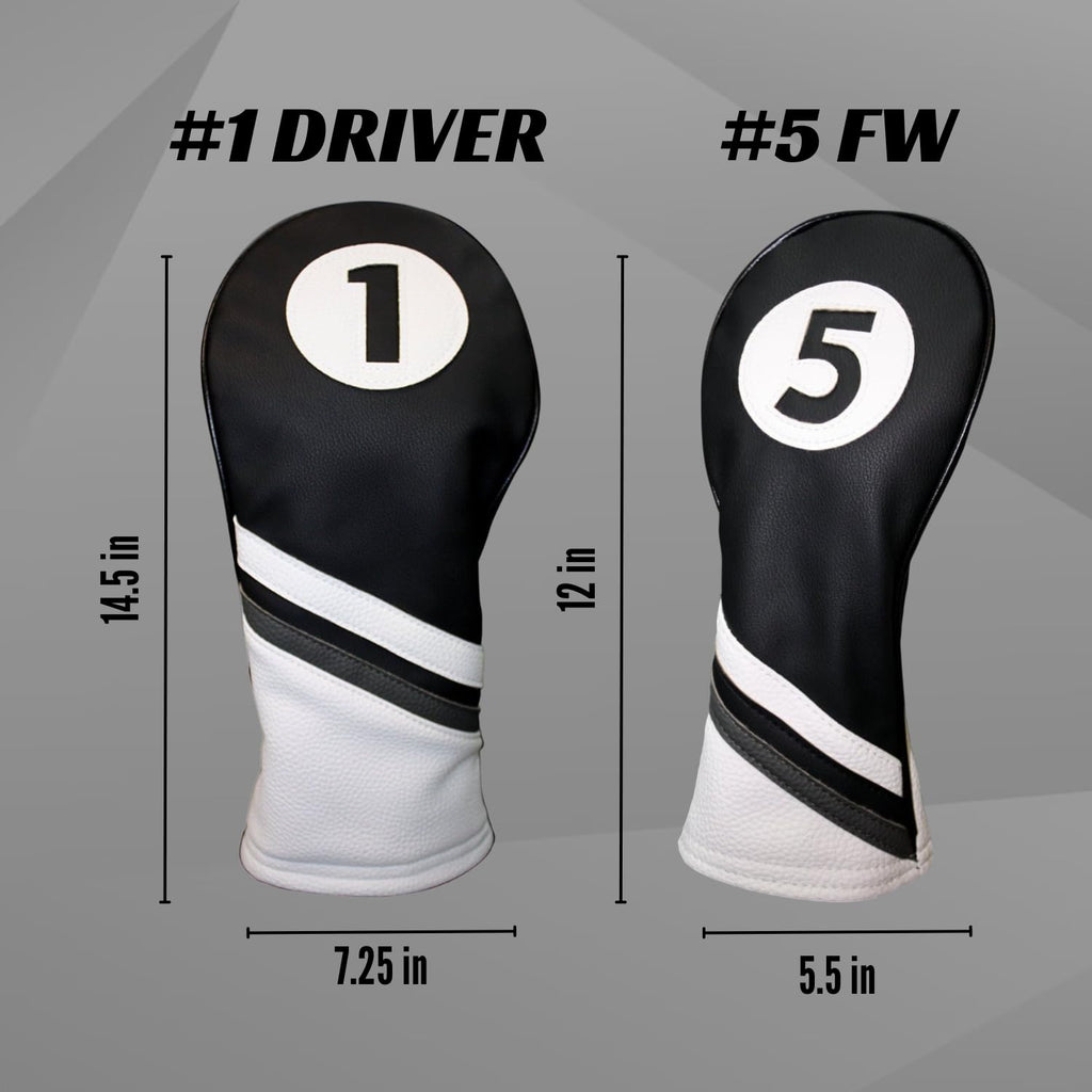 Golf Headcovers Black And White Leather Style 1 & 5 Driver And Fairway Head Cover Fits 460Cc Drivers