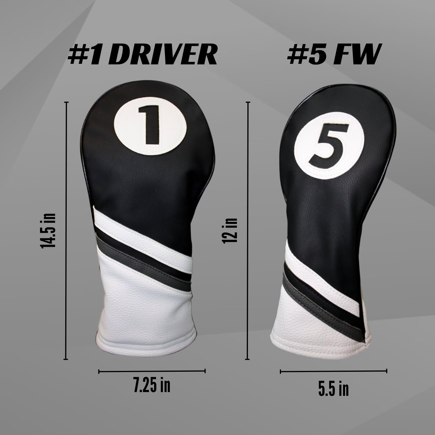 Golf Headcovers Black And White Leather Style 1 & 5 Driver And Fairway Head Cover Fits 460Cc Drivers