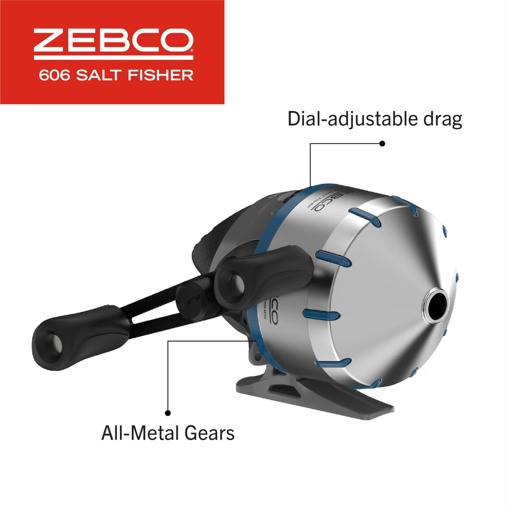 Zebco 606 Salt Fisher Spincast Reel and Fishing Rod Combo, 7-Foot 2-Piece Telescopic Rod, Med-Heavy Power, Mod-Fast Action, Size