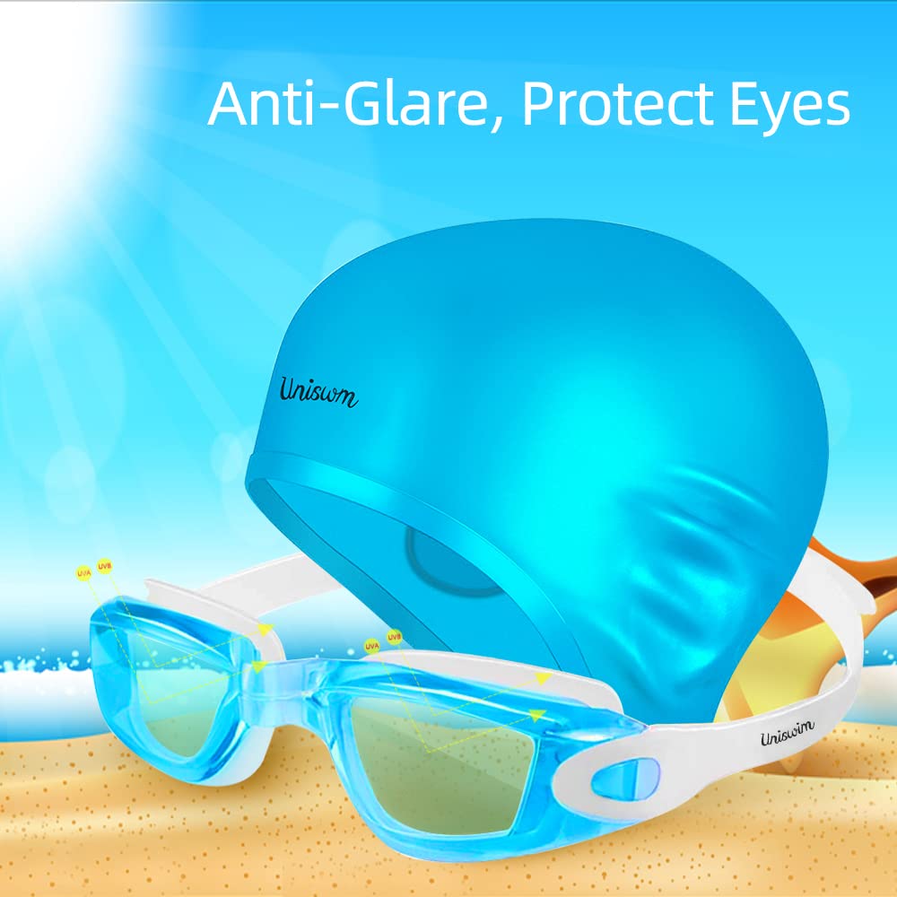 Uniswim Swim Cap And Goggles Set For Women Men With Anti Fog Glasses Clear Lens For Swimming (Aqua)