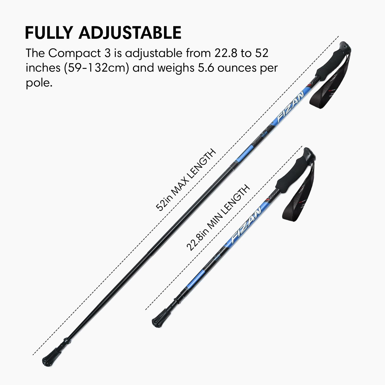 Fizan Compact 3 Trekking Poles - 5.6 oz Ultralight, Backpacking, Thru Hiking Poles, Adjustable, Collapsible, Customized Fit, EVA